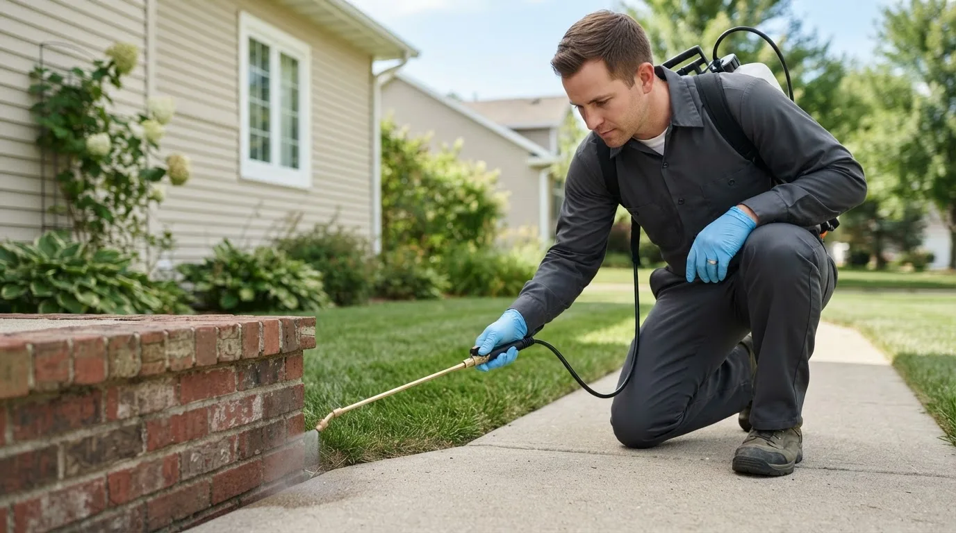 Pest control technician treating a home near Amorita, OK