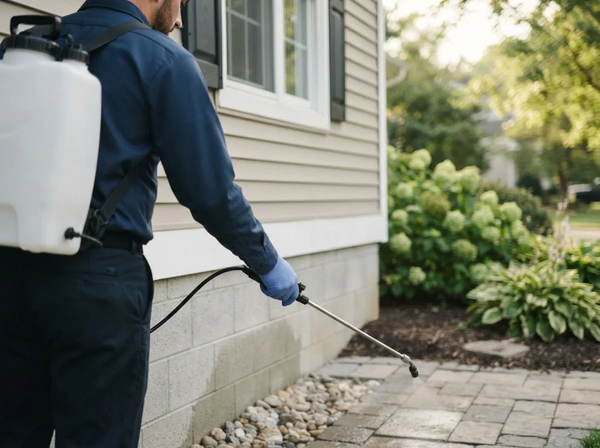 Pest control technician inspecting a home in Amorita, OK